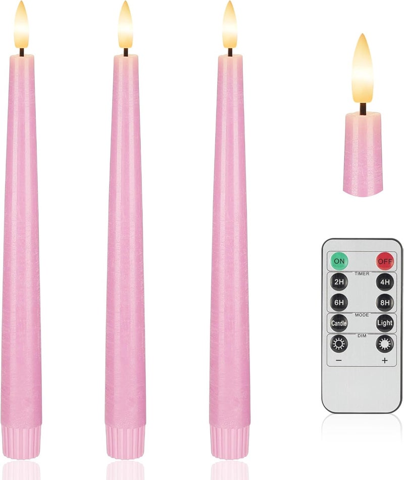AFINETH Pink Flameless Taper Candles, 9.6" Battery Operated Candles with Remote, Real Wax Led Candle, Flickering Flameless Candlesticks for Home Party Wedding Romantic Night Decor - Image 1